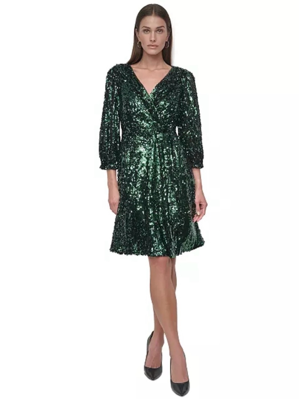 Dkny Emerald Green Sequinned Faux Wrap Fit & Flare Mini Dress NWT